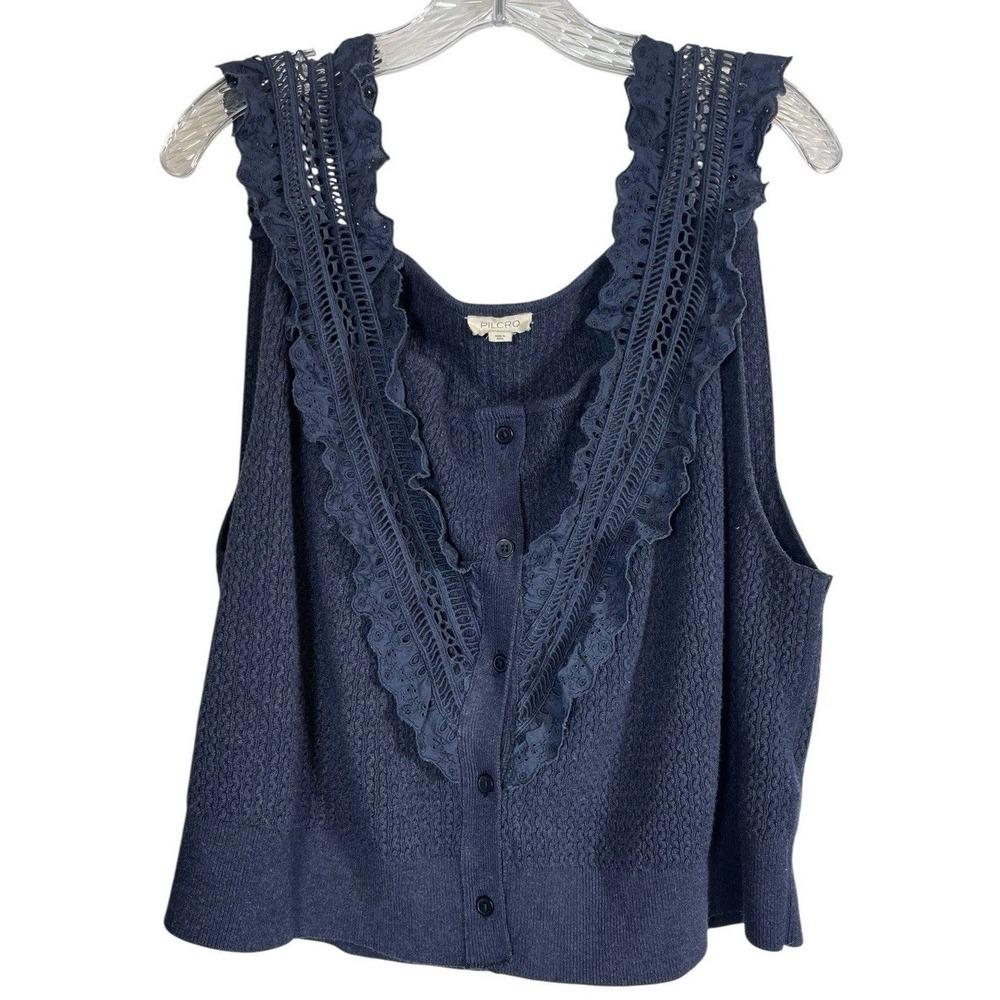 PILCRO By‎ Anthropologie Sz 2X Crafted Bib Sweater Tank Navy Blue Lace Trim Top